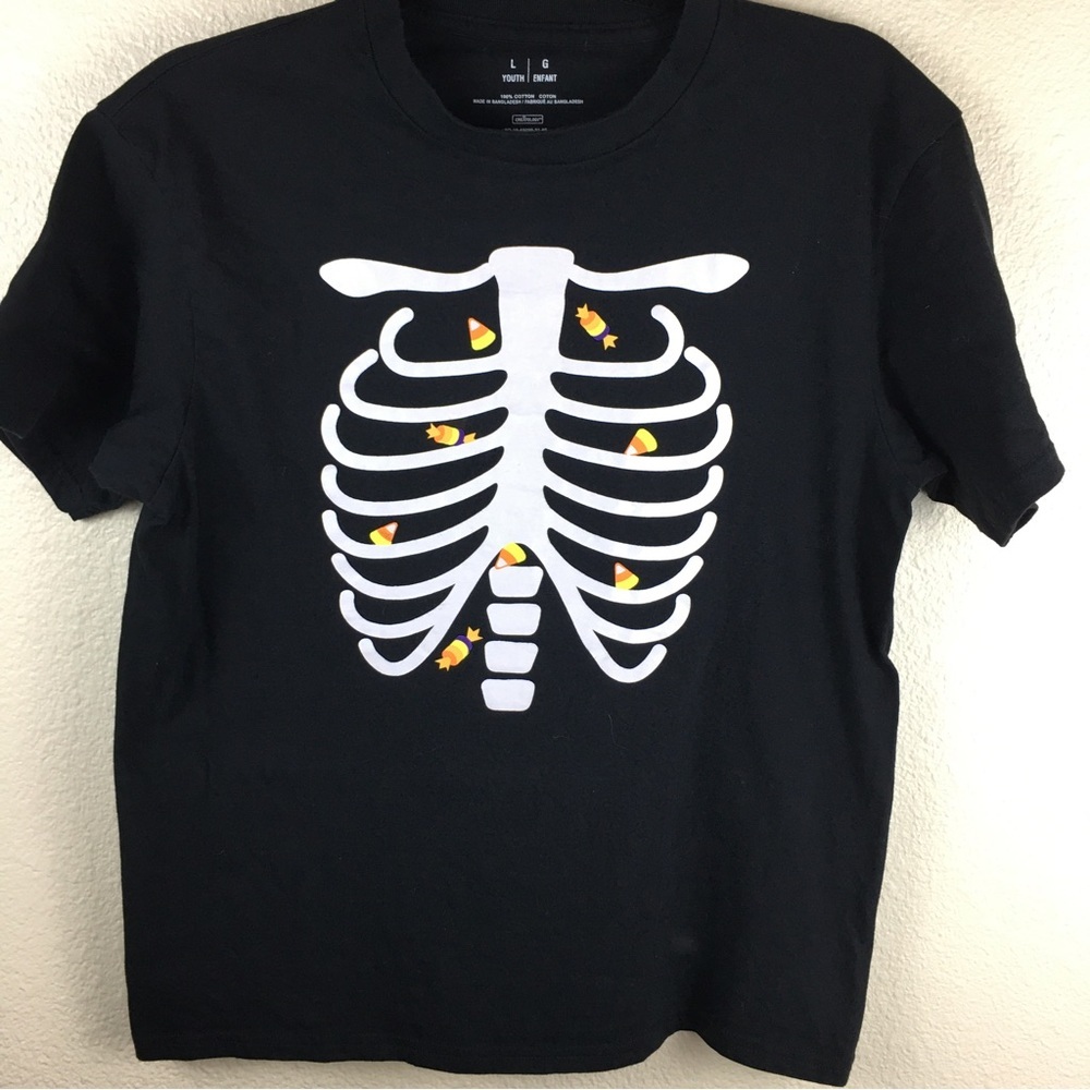 Halloween Skeleton Candy Corn Rib T-Shirt Short Sleeve Size L Youth